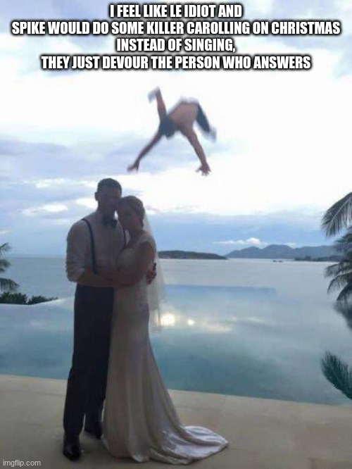 Wedding Photobomb | I FEEL LIKE LE IDIOT AND SPIKE WOULD DO SOME KILLER CAROLLING ON CHRISTMAS
INSTEAD OF SINGING, THEY JUST DEVOUR THE PERSON WHO ANSWERS | image tagged in wedding photobomb | made w/ Imgflip meme maker