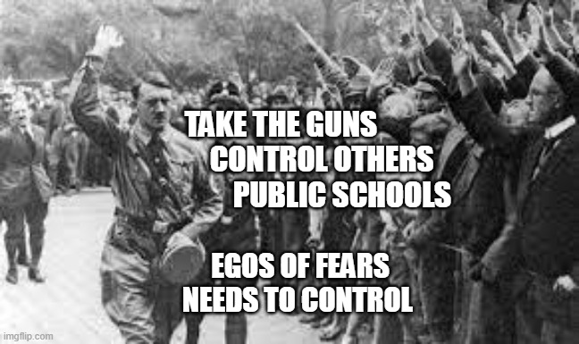 Nazi Germany Approves | TAKE THE GUNS                 CONTROL OTHERS                 PUBLIC SCHOOLS; EGOS OF FEARS NEEDS TO CONTROL | image tagged in nazi germany approves | made w/ Imgflip meme maker