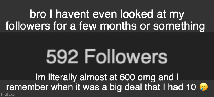 omg thank you guys so much | bro I havent even looked at my followers for a few months or something; im literally almost at 600 omg and i remember when it was a big deal that I had 10 🥲 | made w/ Imgflip meme maker