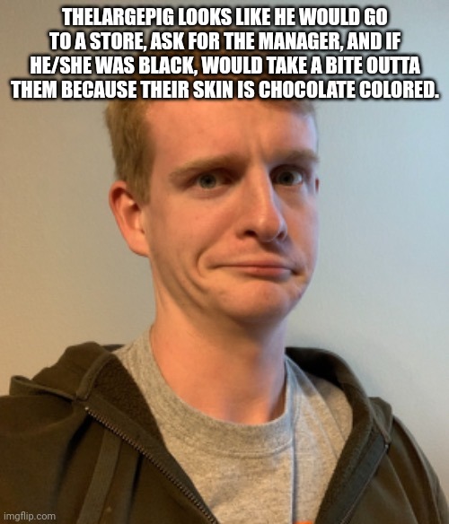 TheLargePig confused | THELARGEPIG LOOKS LIKE HE WOULD GO TO A STORE, ASK FOR THE MANAGER, AND IF HE/SHE WAS BLACK, WOULD TAKE A BITE OUTTA THEM BECAUSE THEIR SKIN IS CHOCOLATE COLORED. | image tagged in thelargepig confused | made w/ Imgflip meme maker