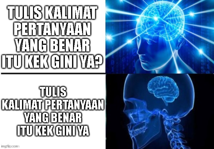 Kalimat pertanyaan jaman now | TULIS KALIMAT PERTANYAAN YANG BENAR ITU KEK GINI YA? TULIS KALIMAT PERTANYAAN YANG BENAR ITU KEK GINI YA | image tagged in de-expanding brain | made w/ Imgflip meme maker