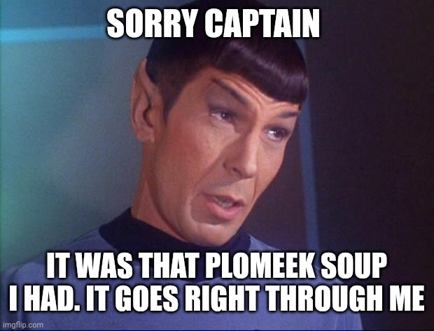 Spock | SORRY CAPTAIN IT WAS THAT PLOMEEK SOUP I HAD. IT GOES RIGHT THROUGH ME | image tagged in spock | made w/ Imgflip meme maker