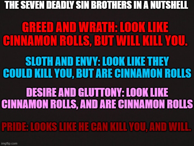 ¯\_(ツ)_/¯ | THE SEVEN DEADLY SIN BROTHERS IN A NUTSHELL; GREED AND WRATH: LOOK LIKE CINNAMON ROLLS, BUT WILL KILL YOU. SLOTH AND ENVY: LOOK LIKE THEY COULD KILL YOU, BUT ARE CINNAMON ROLLS; DESIRE AND GLUTTONY: LOOK LIKE CINNAMON ROLLS, AND ARE CINNAMON ROLLS; PRIDE: LOOKS LIKE HE CAN KILL YOU, AND WILL. | made w/ Imgflip meme maker