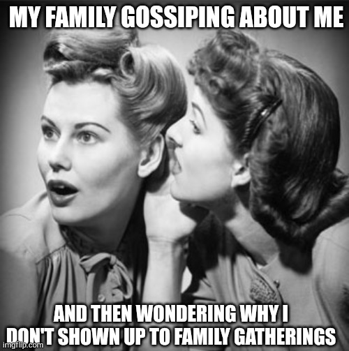 gossiping mothers | MY FAMILY GOSSIPING ABOUT ME; AND THEN WONDERING WHY I DON'T SHOWN UP TO FAMILY GATHERINGS | image tagged in gossiping mothers | made w/ Imgflip meme maker