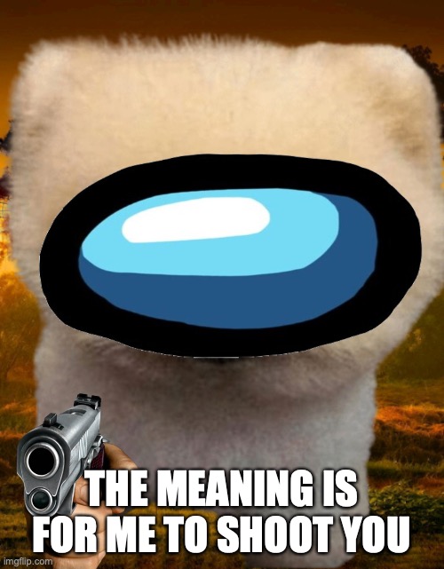 Fluffy, Destroyer of worlds | THE MEANING IS FOR ME TO SHOOT YOU | image tagged in fluffy destroyer of worlds | made w/ Imgflip meme maker