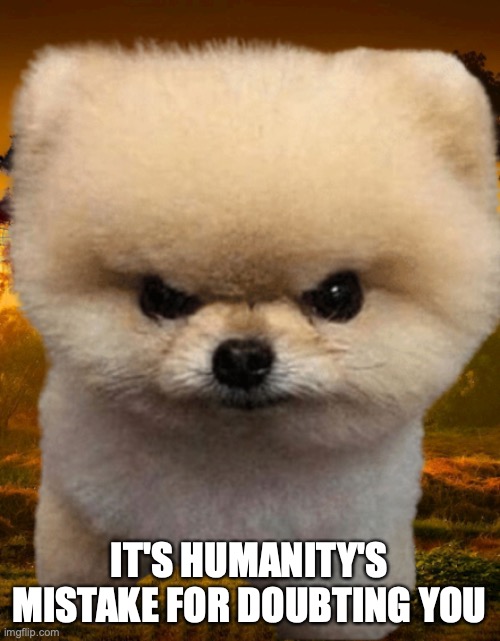 Fluffy, Destroyer of worlds | IT'S HUMANITY'S MISTAKE FOR DOUBTING YOU | image tagged in fluffy destroyer of worlds | made w/ Imgflip meme maker