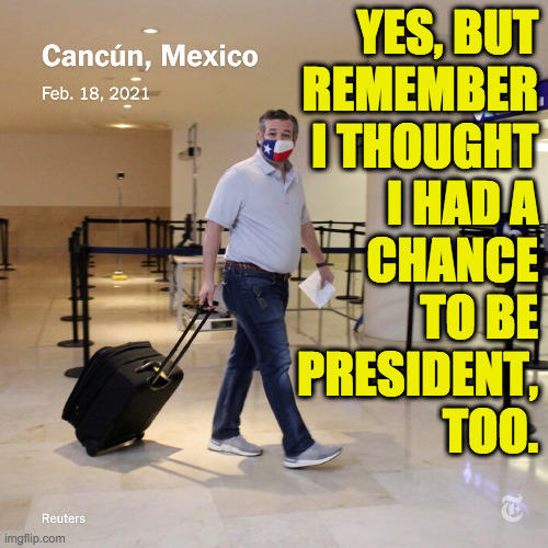 Ted Cruz Cancun | YES, BUT
REMEMBER
I THOUGHT
I HAD A
CHANCE
TO BE
PRESIDENT,
TOO. | image tagged in ted cruz cancun | made w/ Imgflip meme maker
