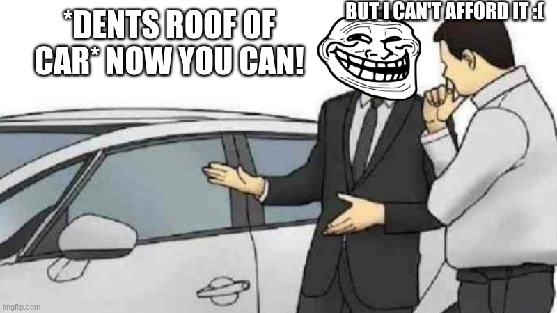 Car Salesman Slaps Roof Of Car Meme | BUT I CAN'T AFFORD IT :(; *DENTS ROOF OF CAR* NOW YOU CAN! | image tagged in memes,car salesman slaps roof of car | made w/ Imgflip meme maker