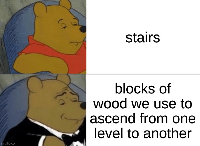 stairssssssss | stairs; blocks of wood we use to ascend from one level to another | image tagged in memes,tuxedo winnie the pooh,stairs,oh wow are you actually reading these tags,stop reading the tags | made w/ Imgflip meme maker