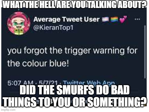 YoU fOrGoR tHe TrIgGeR wArNiNg FoR tHe CoLoR bLuE | WHAT THE HELL ARE YOU TALKING ABOUT? DID THE SMURFS DO BAD THINGS TO YOU OR SOMETHING? | image tagged in blue,triggered,trigger,smurf,twitter,clown | made w/ Imgflip meme maker