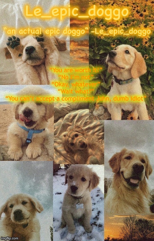 Doggo temp by doggo. Wait what that’s confusing | “You are worth it!”
“No I’m not”
“Okay, whatever”
“Wait what?”
“You can’t accept a compliment John, dumb idiot” | image tagged in doggo temp by doggo wait what that s confusing | made w/ Imgflip meme maker