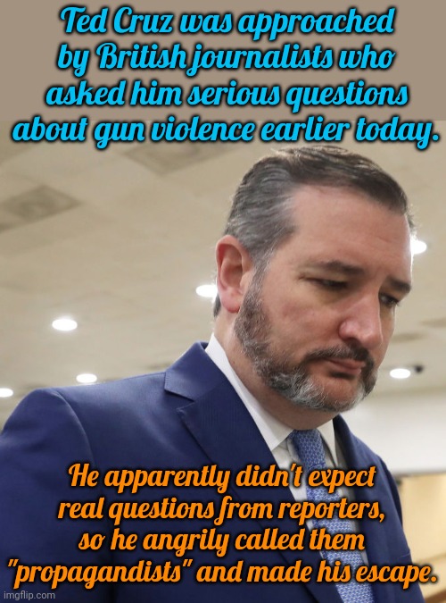 Poor guy. | Ted Cruz was approached by British journalists who asked him serious questions about gun violence earlier today. He apparently didn't expect real questions from reporters, so he angrily called them "propagandists" and made his escape. | image tagged in sad ted cruz,coward,you can't handle the truth,conservative hypocrisy,republican | made w/ Imgflip meme maker