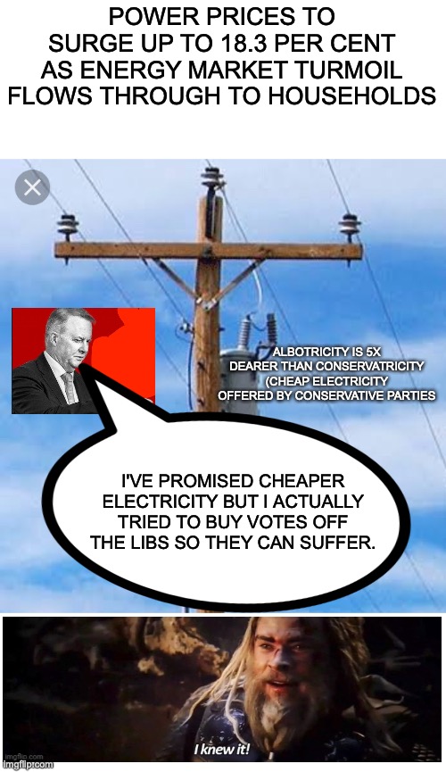 Electricity prices have skyrocketed in Australia | POWER PRICES TO SURGE UP TO 18.3 PER CENT AS ENERGY MARKET TURMOIL FLOWS THROUGH TO HOUSEHOLDS; ALBOTRICITY IS 5X DEARER THAN CONSERVATRICITY (CHEAP ELECTRICITY OFFERED BY CONSERVATIVE PARTIES; I'VE PROMISED CHEAPER ELECTRICITY BUT I ACTUALLY TRIED TO BUY VOTES OFF THE LIBS SO THEY CAN SUFFER. | image tagged in electrical post,anthony albanese,i knew it,electricity,households,economy | made w/ Imgflip meme maker