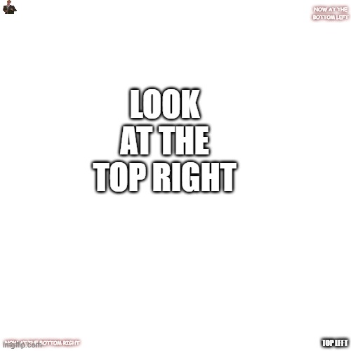 look at top right | NOW AT THE BOTTOM LEFT; LOOK AT THE TOP RIGHT; NOW AT THE BOTTOM RIGHT; TOP LEFT | image tagged in memes,blank transparent square | made w/ Imgflip meme maker