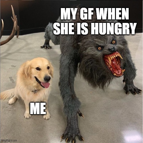 Having a GF | MY GF WHEN SHE IS HUNGRY; ME | image tagged in dog vs werewolf,funny memes | made w/ Imgflip meme maker