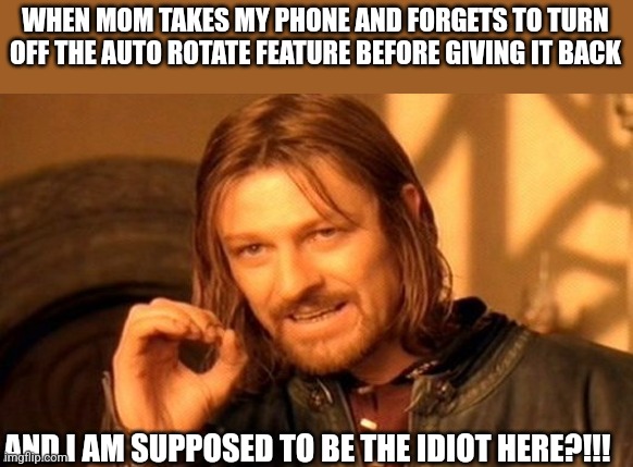 True lol | WHEN MOM TAKES MY PHONE AND FORGETS TO TURN OFF THE AUTO ROTATE FEATURE BEFORE GIVING IT BACK; AND I AM SUPPOSED TO BE THE IDIOT HERE?!!! | image tagged in memes,one does not simply | made w/ Imgflip meme maker
