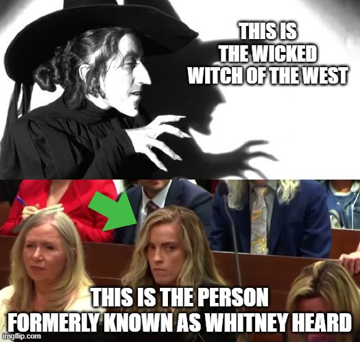 if looks could kill | THIS IS THE WICKED WITCH OF THE WEST; THIS IS THE PERSON FORMERLY KNOWN AS WHITNEY HEARD | image tagged in amber heard | made w/ Imgflip meme maker