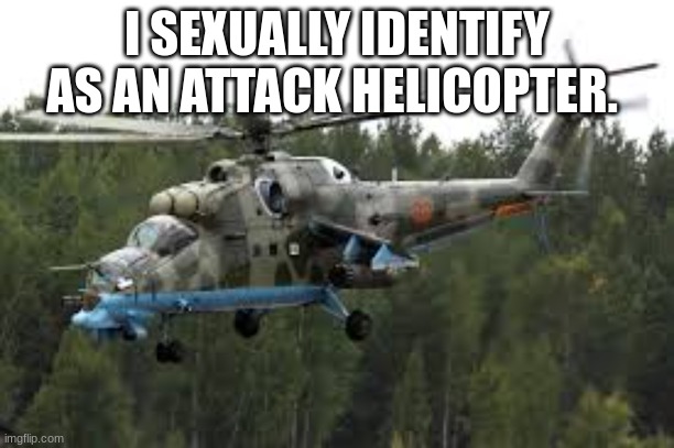 if you dont understand this is satire about fake genders | I SEXUALLY IDENTIFY AS AN ATTACK HELICOPTER. | image tagged in attack helicopter | made w/ Imgflip meme maker