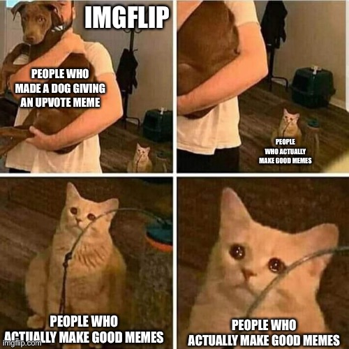 Sad Cat Holding Dog |  IMGFLIP; PEOPLE WHO MADE A DOG GIVING AN UPVOTE MEME; PEOPLE WHO ACTUALLY MAKE GOOD MEMES; PEOPLE WHO ACTUALLY MAKE GOOD MEMES; PEOPLE WHO ACTUALLY MAKE GOOD MEMES | image tagged in sad cat holding dog | made w/ Imgflip meme maker