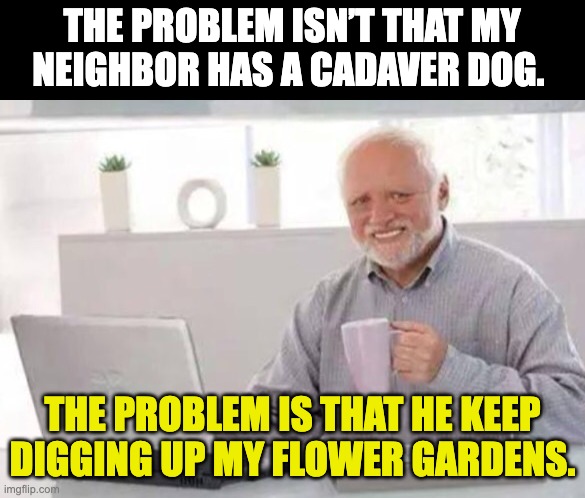 cadaver | THE PROBLEM ISN’T THAT MY NEIGHBOR HAS A CADAVER DOG. THE PROBLEM IS THAT HE KEEP DIGGING UP MY FLOWER GARDENS. | image tagged in harold | made w/ Imgflip meme maker