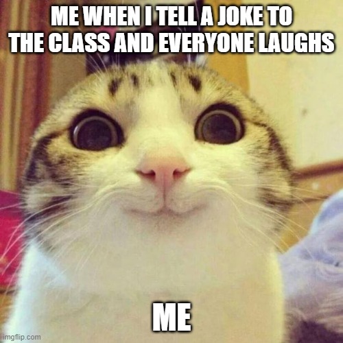 Smiling Cat Meme | ME WHEN I TELL A JOKE TO THE CLASS AND EVERYONE LAUGHS; ME | image tagged in memes,smiling cat | made w/ Imgflip meme maker