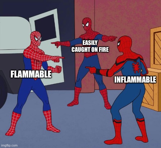 Grammar meme | EASILY CAUGHT ON FIRE; FLAMMABLE; INFLAMMABLE | image tagged in spider man triple,grammar,meme,funny | made w/ Imgflip meme maker