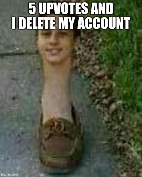 s h o e | 5 UPVOTES AND I DELETE MY ACCOUNT | image tagged in s h o e | made w/ Imgflip meme maker
