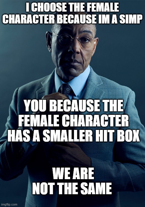 not at all | I CHOOSE THE FEMALE CHARACTER BECAUSE IM A SIMP; YOU BECAUSE THE FEMALE CHARACTER HAS A SMALLER HIT BOX; WE ARE NOT THE SAME | image tagged in gus fring we are not the same | made w/ Imgflip meme maker