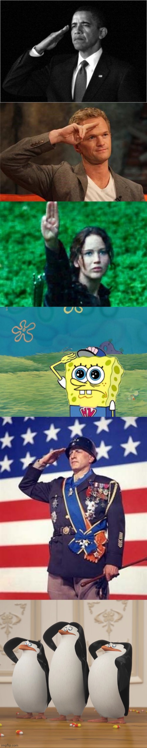 image tagged in obama-salute,barney stinson salute,katniss salute,spongebob salute,patton salutes you,saluting skipper | made w/ Imgflip meme maker