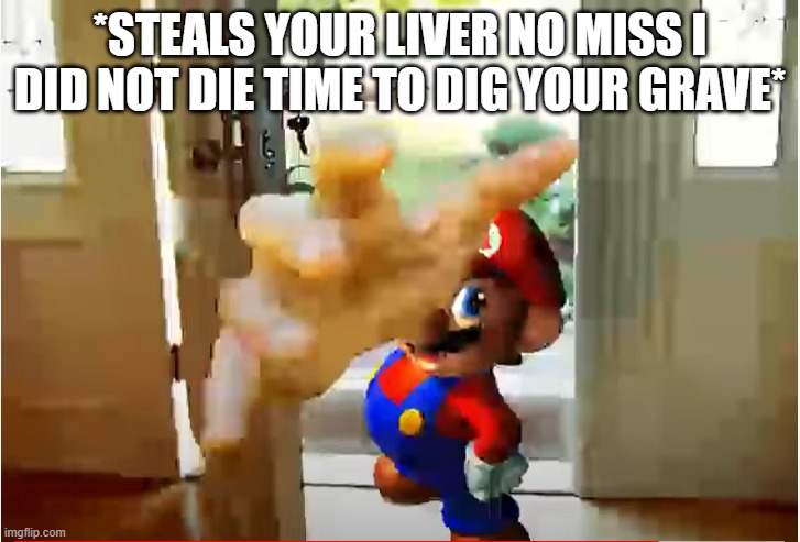 Mario Stealing Your Liver | *STEALS YOUR LIVER NO MISS I DID NOT DIE TIME TO DIG YOUR GRAVE* | image tagged in mario stealing your liver | made w/ Imgflip meme maker