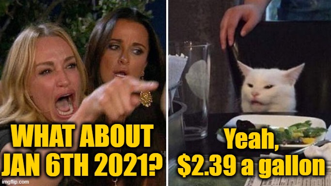 Angry lady cat | WHAT ABOUT JAN 6TH 2021? Yeah, $2.39 a gallon | image tagged in angry lady cat | made w/ Imgflip meme maker