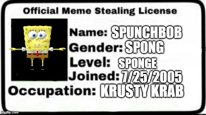 Meme Stealing License | SPUNCHBOB; SPONG; SPONGE; 7/25/2005; KRUSTY KRAB | image tagged in meme stealing license | made w/ Imgflip meme maker