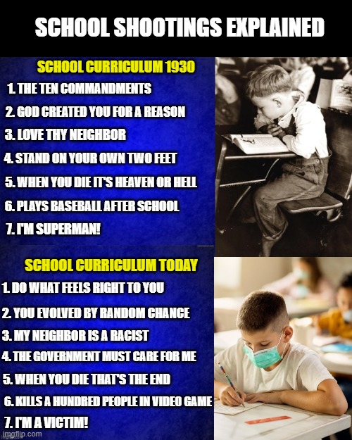 Put God back in school. | SCHOOL SHOOTINGS EXPLAINED; SCHOOL CURRICULUM 1930; 1. THE TEN COMMANDMENTS; 2. GOD CREATED YOU FOR A REASON; 3. LOVE THY NEIGHBOR; 4. STAND ON YOUR OWN TWO FEET; 5. WHEN YOU DIE IT'S HEAVEN OR HELL; 6. PLAYS BASEBALL AFTER SCHOOL; 7. I'M SUPERMAN! SCHOOL CURRICULUM TODAY; 1. DO WHAT FEELS RIGHT TO YOU; 2. YOU EVOLVED BY RANDOM CHANCE; 3. MY NEIGHBOR IS A RACIST; 4. THE GOVERNMENT MUST CARE FOR ME; 5. WHEN YOU DIE THAT'S THE END; 6. KILLS A HUNDRED PEOPLE IN VIDEO GAME; 7. I'M A VICTIM! | image tagged in school shootings,god is love,woke,evolution is wrong,god bless america | made w/ Imgflip meme maker