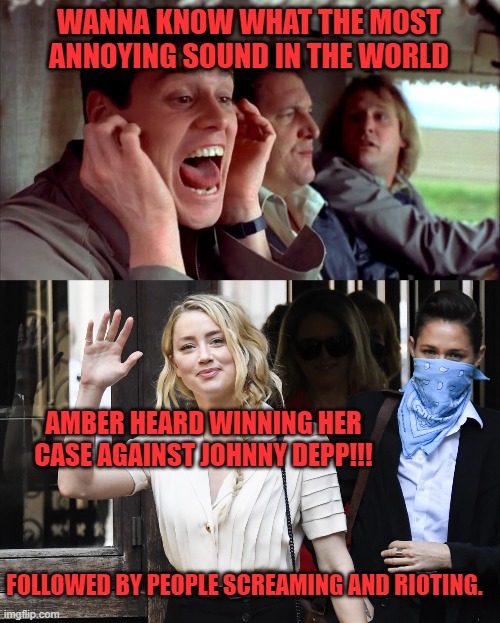 WANNA KNOW WHAT THE MOST ANNOYING SOUND IN THE WORLD; AMBER HEARD WINNING HER CASE AGAINST JOHNNY DEPP!!! FOLLOWED BY PEOPLE SCREAMING AND RIOTING. | image tagged in johnny depp,amber heard,dumb and dumber,most annoying sound in the world | made w/ Imgflip meme maker