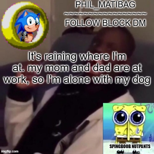 Phil_matibag announcement | It's raining where I'm at. my mom and dad are at work, so I'm alone with my dog | image tagged in phil_matibag announcement | made w/ Imgflip meme maker