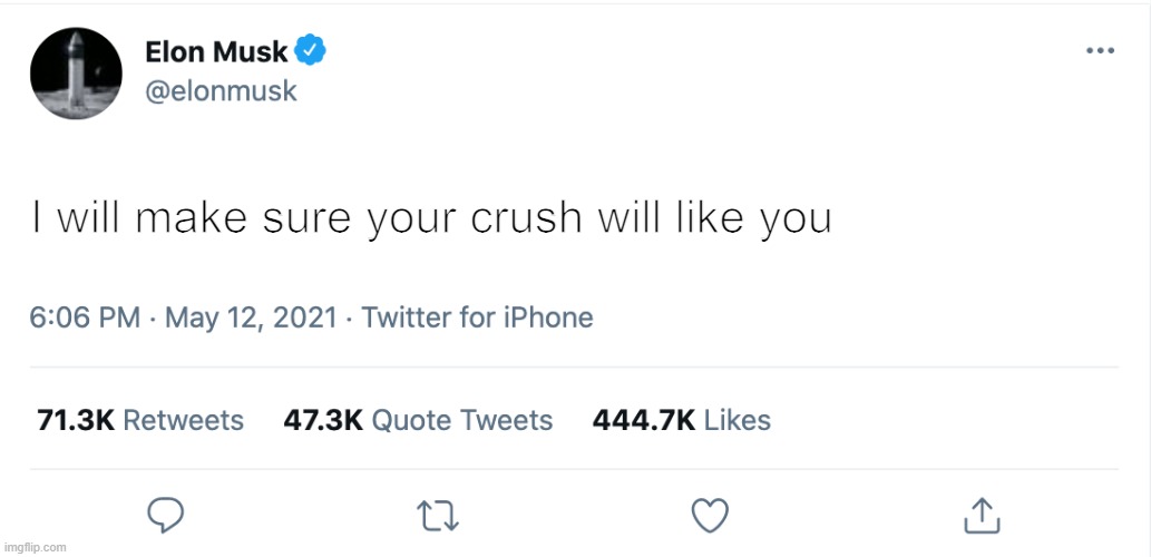 Elon Musk Blank Tweet | I will make sure your crush will like you | image tagged in elon musk blank tweet | made w/ Imgflip meme maker