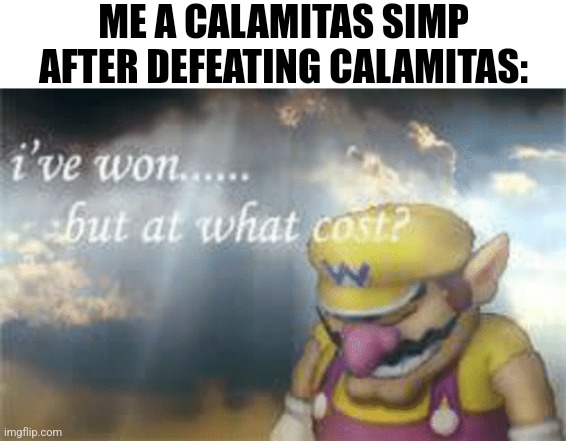What have I done | ME A CALAMITAS SIMP AFTER DEFEATING CALAMITAS: | image tagged in i've won but at what cost | made w/ Imgflip meme maker