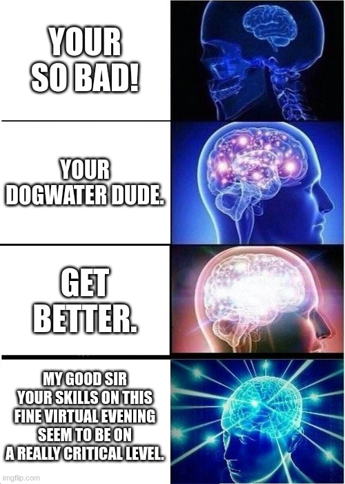 Expanding Brain Meme | YOUR SO BAD! YOUR DOGWATER DUDE. GET BETTER. MY GOOD SIR YOUR SKILLS ON THIS FINE VIRTUAL EVENING SEEM TO BE ON A REALLY CRITICAL LEVEL. | image tagged in memes,expanding brain | made w/ Imgflip meme maker