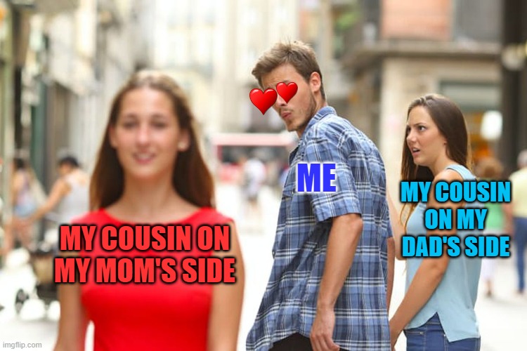 Distracted Boyfriend | ME; MY COUSIN ON MY DAD'S SIDE; MY COUSIN ON MY MOM'S SIDE | image tagged in memes,distracted boyfriend | made w/ Imgflip meme maker