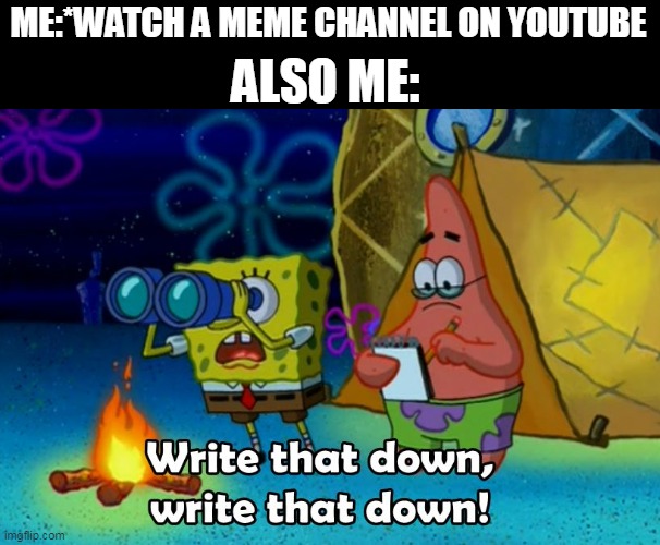 probably i will get inspiration or something | ALSO ME:; ME:*WATCH A MEME CHANNEL ON YOUTUBE | image tagged in write that down | made w/ Imgflip meme maker