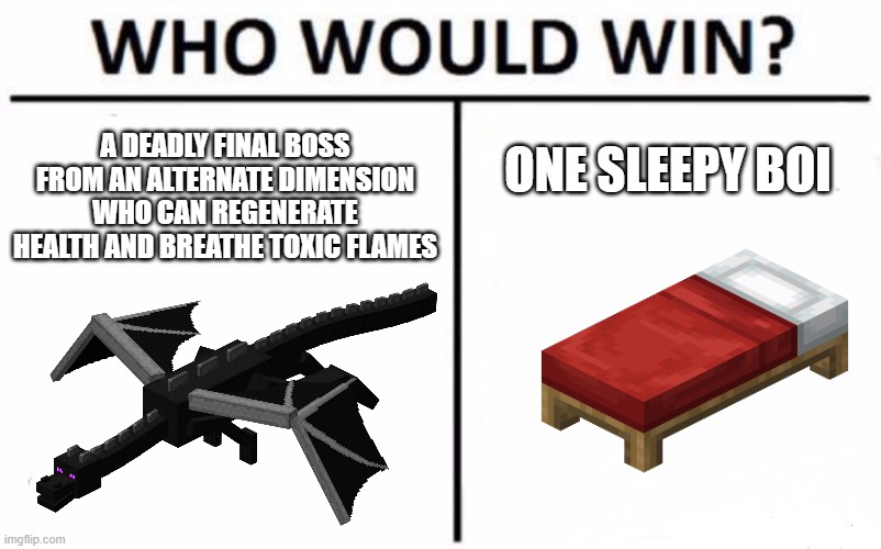 Haven't tried it before but I know you can explode the Ender Dragon with a bed | A DEADLY FINAL BOSS FROM AN ALTERNATE DIMENSION WHO CAN REGENERATE HEALTH AND BREATHE TOXIC FLAMES; ONE SLEEPY BOI | image tagged in memes,who would win,bed,ender dragon | made w/ Imgflip meme maker