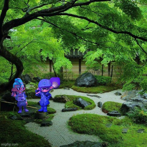 Monacher and True Octo Samurai in a zen garden | image tagged in zen garden | made w/ Imgflip meme maker