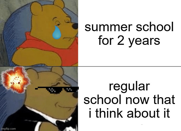 Tuxedo Winnie The Pooh Meme | summer school for 2 years; regular school now that i think about it | image tagged in memes,tuxedo winnie the pooh,school sucks | made w/ Imgflip meme maker