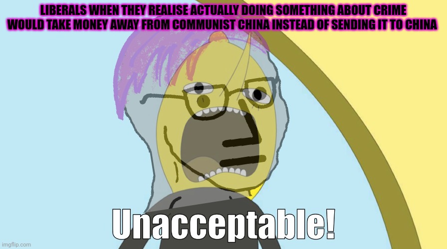 unacceptable | LIBERALS WHEN THEY REALISE ACTUALLY DOING SOMETHING ABOUT CRIME WOULD TAKE MONEY AWAY FROM COMMUNIST CHINA INSTEAD OF SENDING IT TO CHINA | image tagged in unacceptable | made w/ Imgflip meme maker