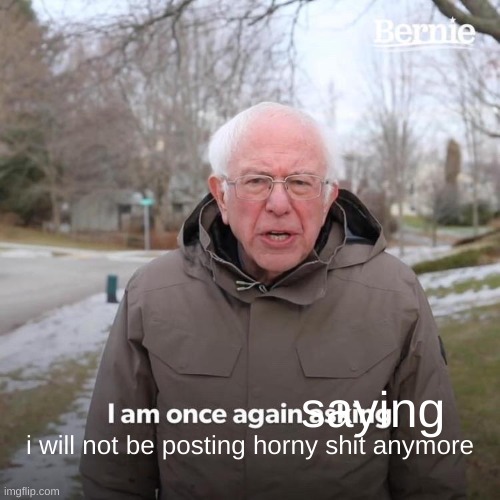 Bernie I Am Once Again Asking For Your Support |  saying; i will not be posting horny shit anymore | image tagged in memes,bernie i am once again asking for your support | made w/ Imgflip meme maker