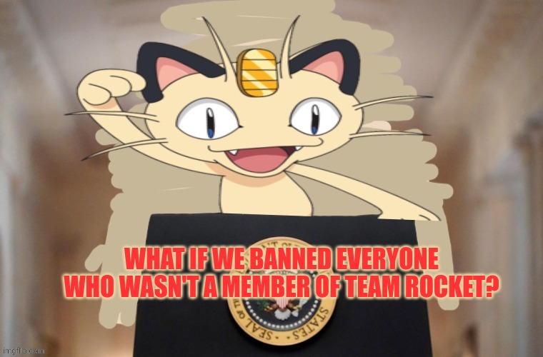 Meowth party | WHAT IF WE BANNED EVERYONE WHO WASN'T A MEMBER OF TEAM ROCKET? | image tagged in meowth party | made w/ Imgflip meme maker