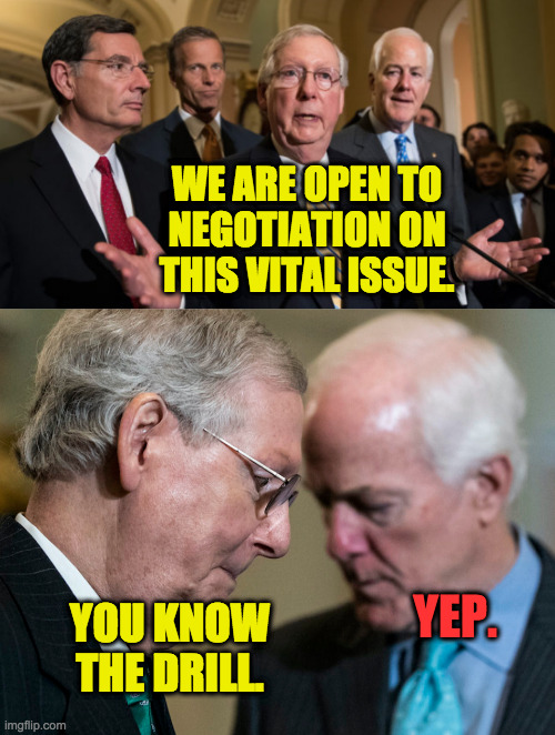 Republicans ready to do nothing and blame Dems. | WE ARE OPEN TO
NEGOTIATION ON
THIS VITAL ISSUE. YOU KNOW THE DRILL. YEP. | image tagged in memes,stonewall mcconnell,scumbag republicans | made w/ Imgflip meme maker