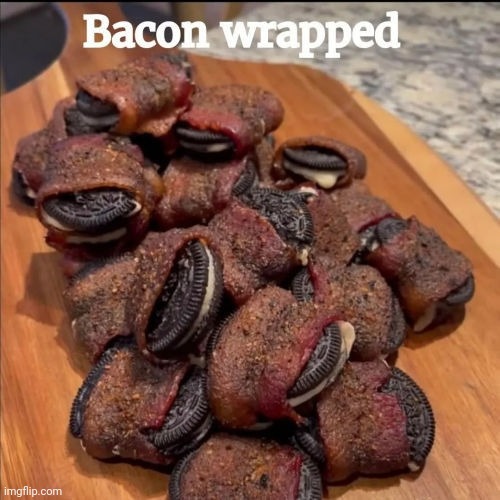 Good eats | image tagged in bacon,eats,cookie | made w/ Imgflip meme maker