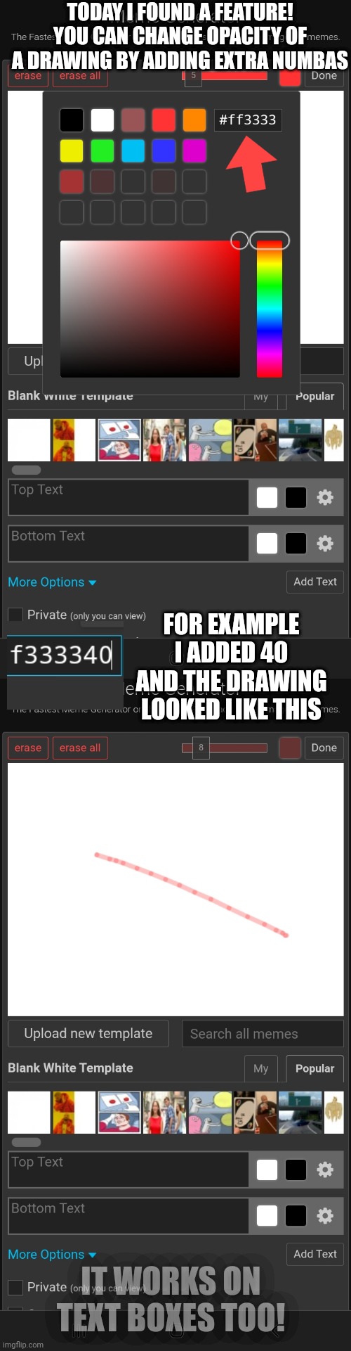I was trying to redraw Meriouxs ImgFlip Mascot and i found this. | TODAY I FOUND A FEATURE! YOU CAN CHANGE OPACITY OF A DRAWING BY ADDING EXTRA NUMBAS; FOR EXAMPLE I ADDED 40 AND THE DRAWING LOOKED LIKE THIS; IT WORKS ON TEXT BOXES TOO! | made w/ Imgflip meme maker