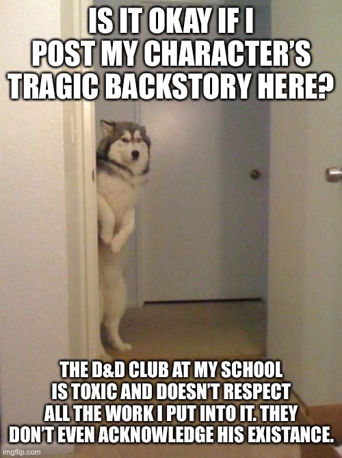 shy husky | IS IT OKAY IF I POST MY CHARACTER’S TRAGIC BACKSTORY HERE? THE D&D CLUB AT MY SCHOOL IS TOXIC AND DOESN’T RESPECT ALL THE WORK I PUT INTO IT. THEY DON’T EVEN ACKNOWLEDGE HIS EXISTANCE. | image tagged in shy husky | made w/ Imgflip meme maker